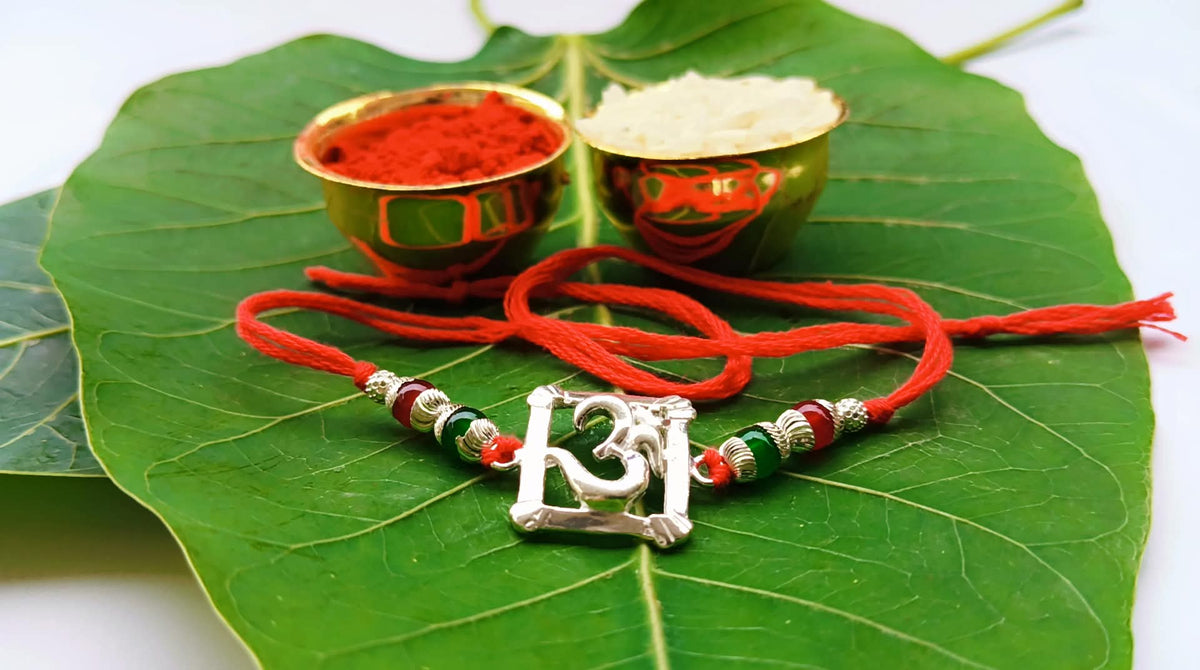 925 Silver Om Symbol (ॐ) Rakhi for Brother with Red Thread & Multicolor Beads