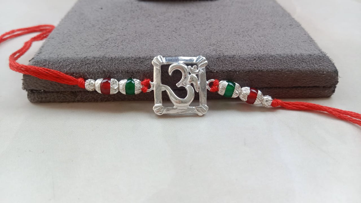 925 Silver Om Symbol (ॐ) Rakhi for Brother with Red Thread & Multicolor Beads