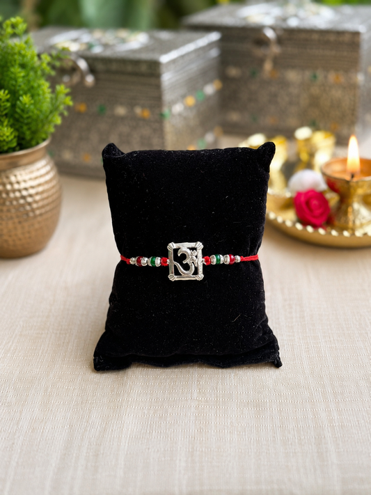 925 Silver Om Symbol (ॐ) Rakhi for Brother with Red Thread & Multicolor Beads