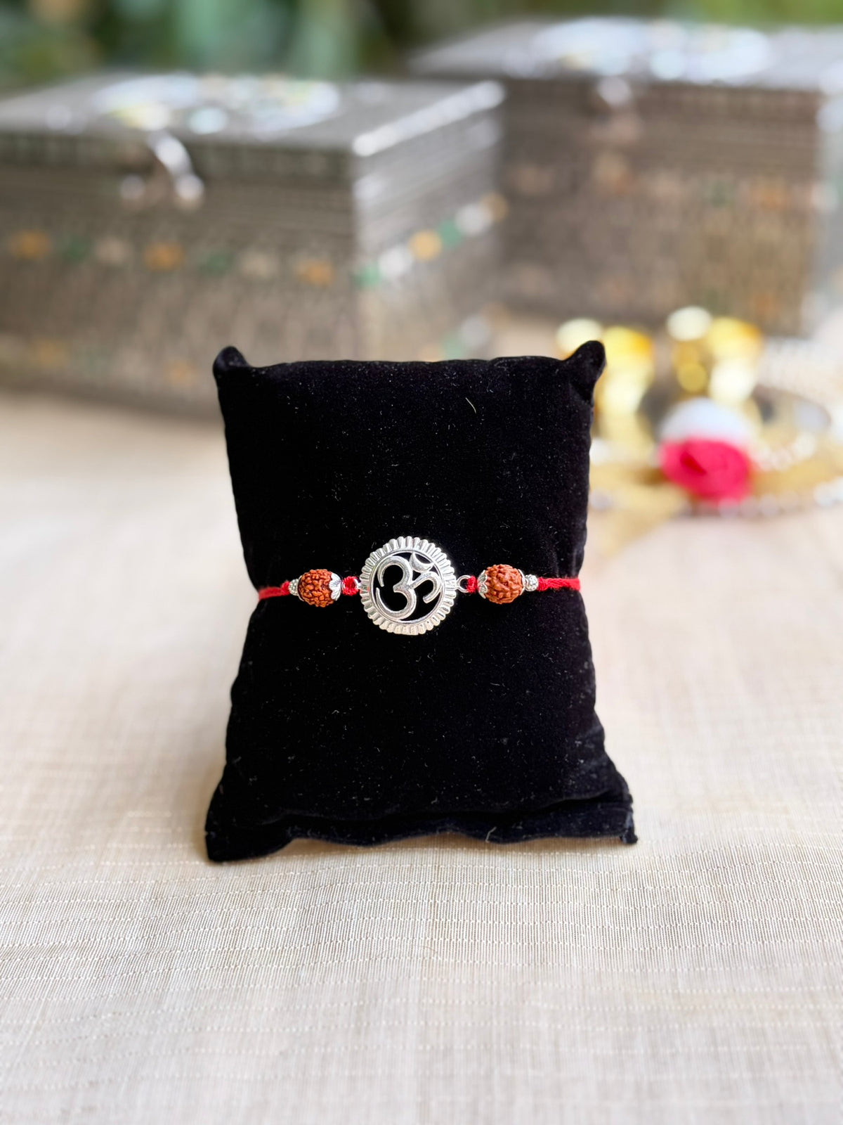 925 Silver Om Symbol (ॐ) Rudraksha Rakhi for Brother with Red Thread