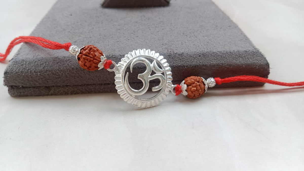 925 Silver Om Symbol (ॐ) Rudraksha Rakhi for Brother with Red Thread