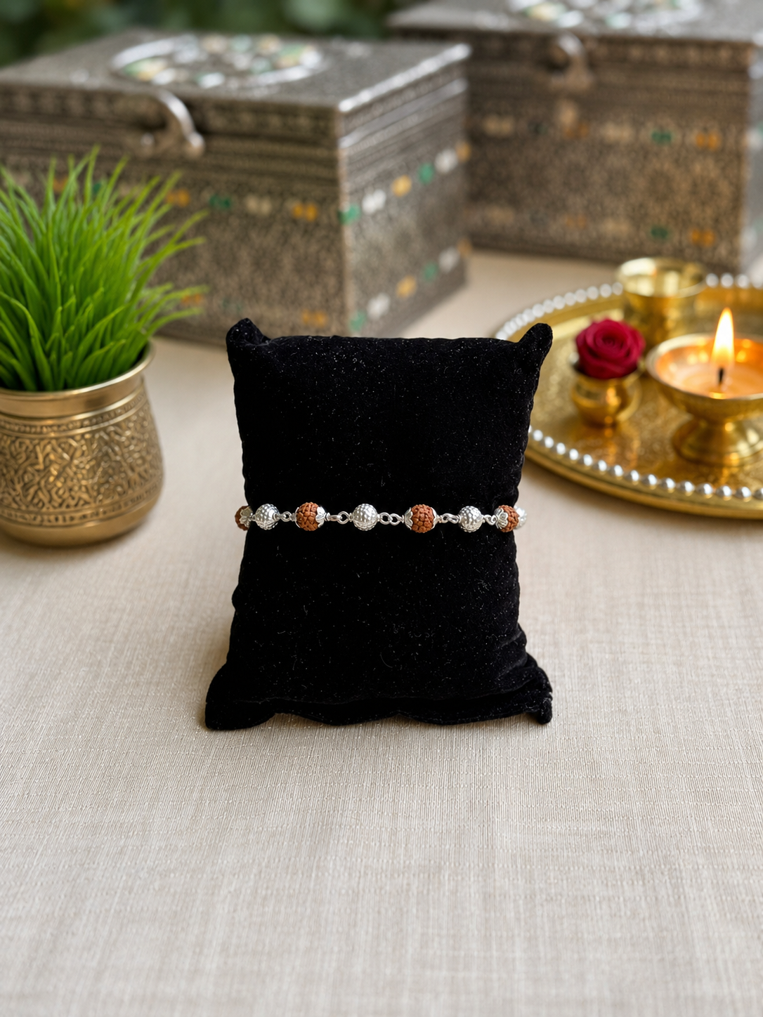 925 Silver Auspicious Rudraksha (📿ૐ ) Bracelet Rakhi with Adjustable Silver Chain