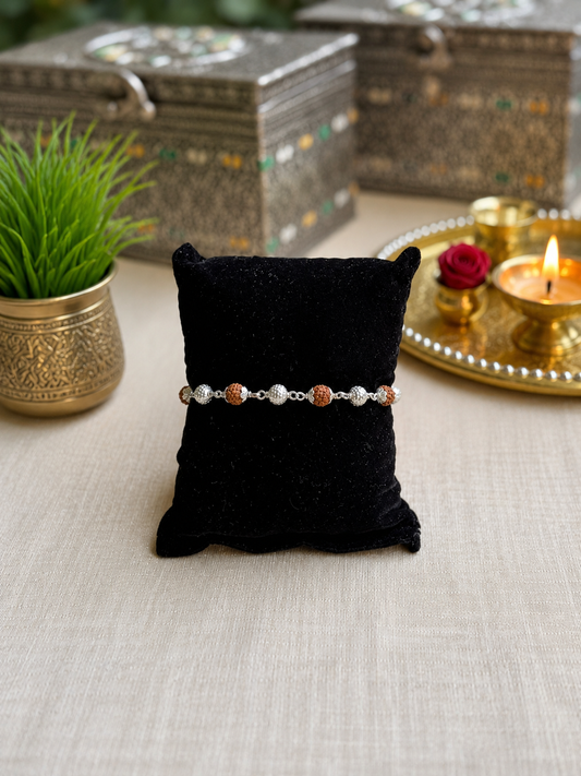 925 Silver Auspicious Rudraksha (📿ૐ ) Bracelet Rakhi with Adjustable Silver Chain