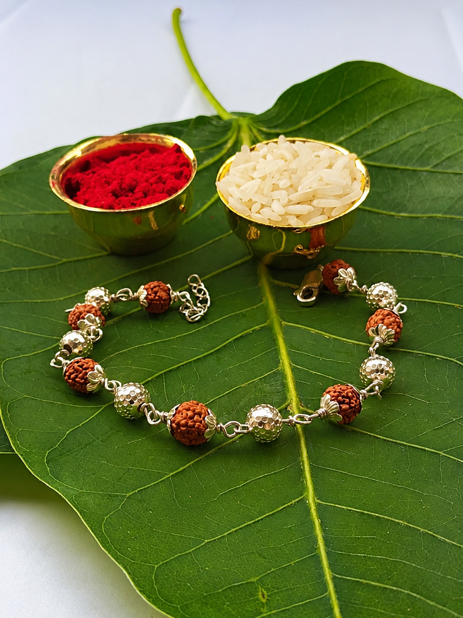 925 Silver Auspicious Rudraksha (📿ૐ ) Bracelet Rakhi with Adjustable Silver Chain