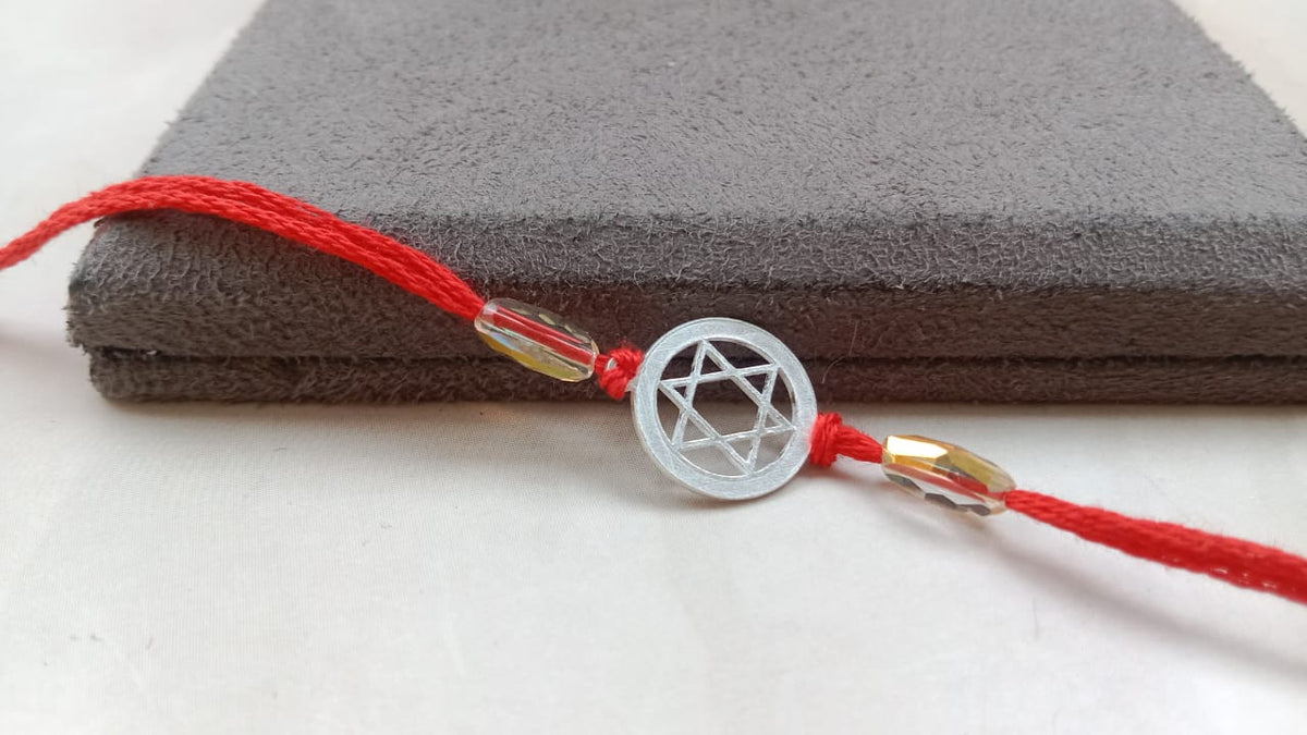 925 Silver Auspicious Shatkona Rakhi with Red Thread for Brother
