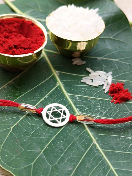 925 Silver Auspicious Shatkona Rakhi with Red Thread for Brother