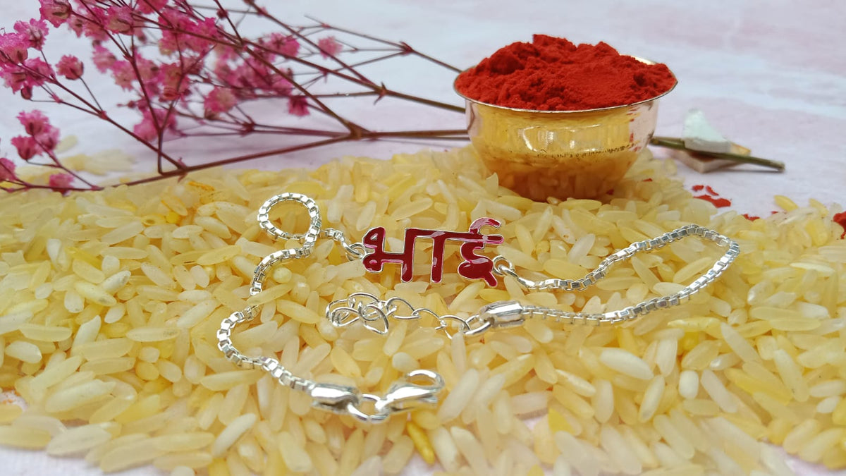 925 Silver Bhai ( भाई ) Bracelet Rakhi with Red Enamel and Adjustable Silver Chain