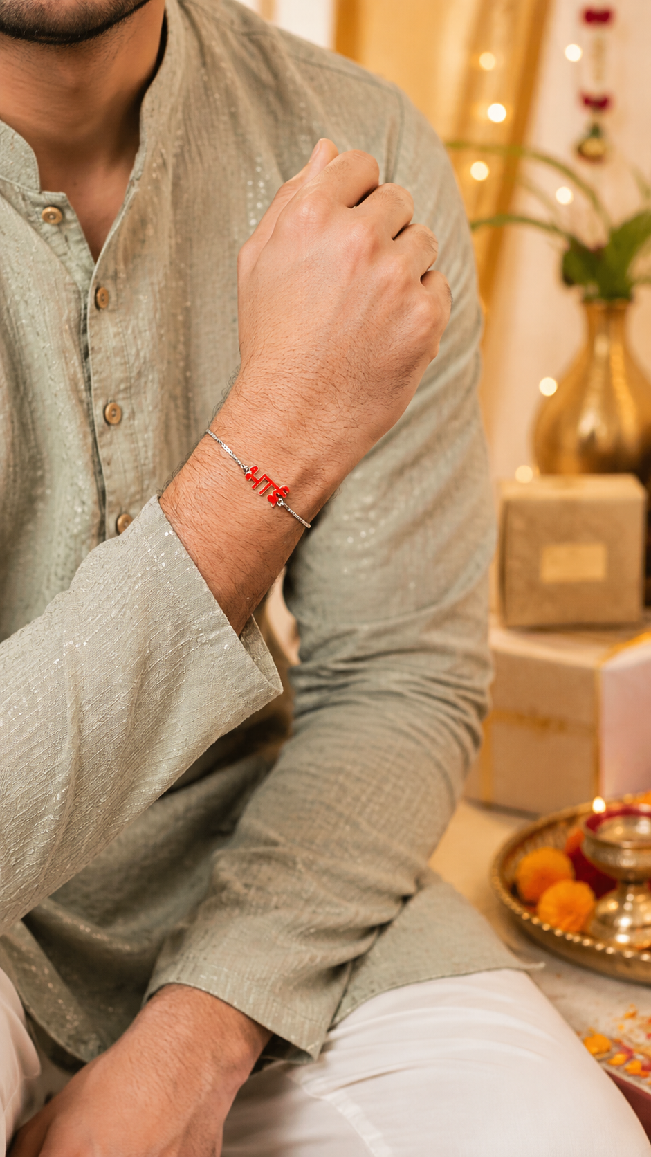 925 Silver Bhai ( भाई ) Bracelet Rakhi with Red Enamel and Adjustable Silver Chain
