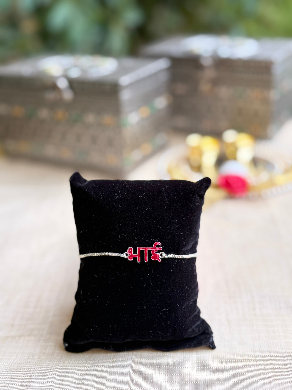 925 Silver Bhai ( भाई ) Bracelet Rakhi with Red Enamel and Adjustable Silver Chain
