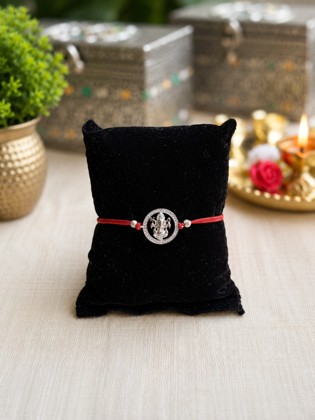 925 Silver Auspicious Ganesha ( ᬒᬁ ) Rakhi for Brother with Red Thread